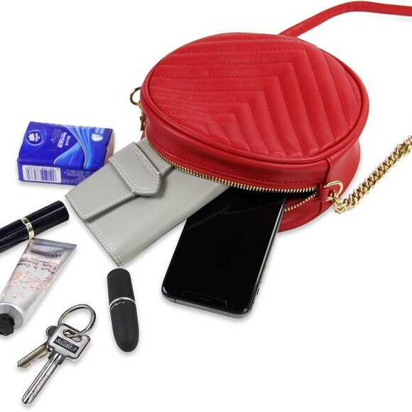 Round Crossbody Bag for Women,PU Leather Shoulder Bag with Metal Chain Strap, Ce - Picture 8 of 8